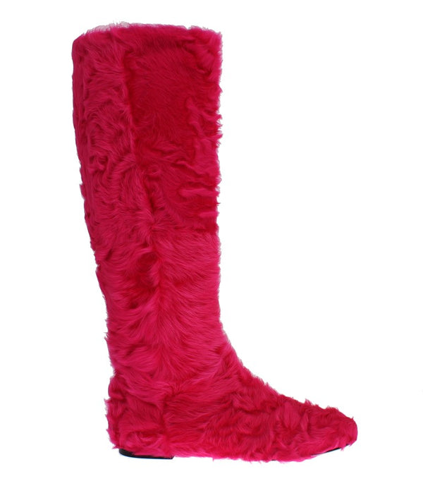 Rosa Lammfell-Lederstiefel flach