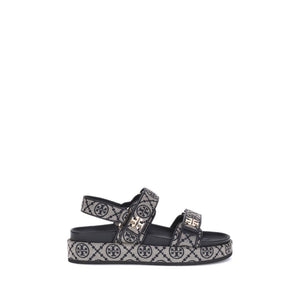 Blaue Stoff-Flachsandalen