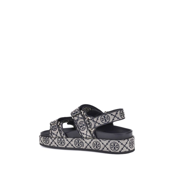Blaue Stoff-Flachsandalen