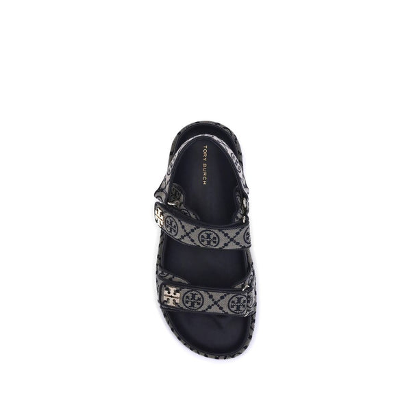 Blaue Stoff-Flachsandalen