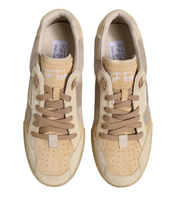 Beige Leder Low Top Lace Up Sneakers Schuhe