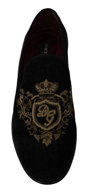 Loafers Schwarzer Samt Goldkrone