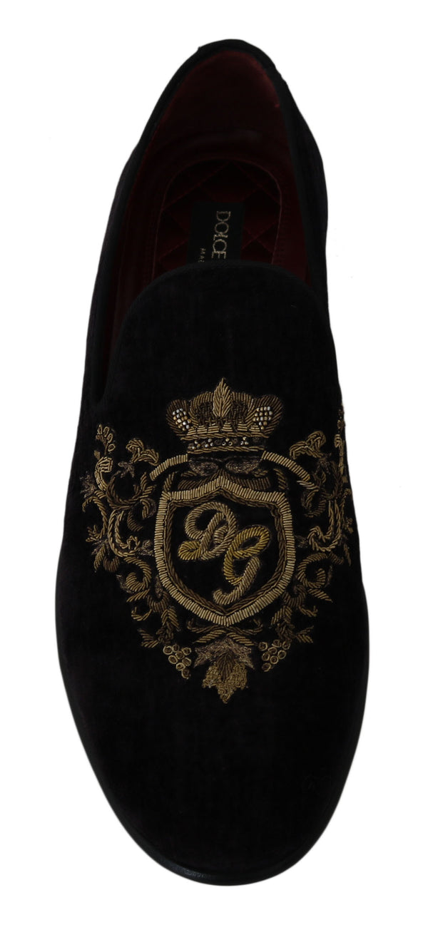 Loafers Schwarzer Samt Goldkrone