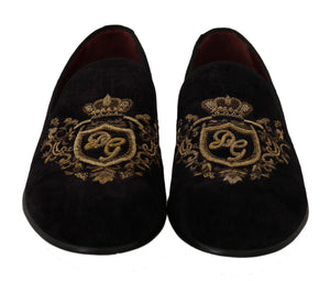 Loafers Schwarzer Samt Goldkrone
