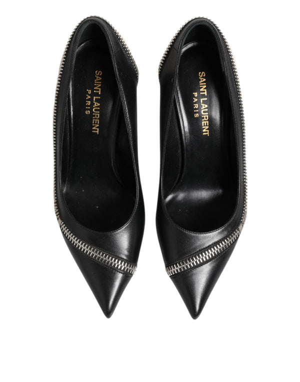 Weißes Schwarzes Leder Spitz zulaufende Absätze Schuhe
