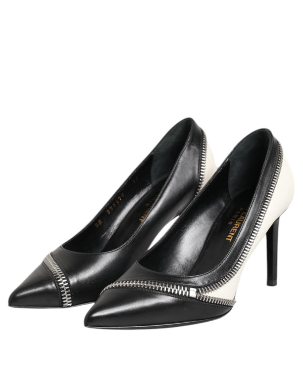 Weißes Schwarzes Leder Spitz zulaufende Absätze Schuhe