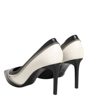 Weißes Schwarzes Leder Spitz zulaufende Absätze Schuhe