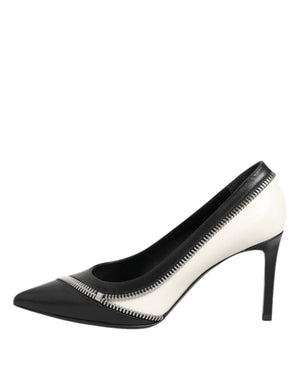 Weißes Schwarzes Leder Spitz zulaufende Absätze Schuhe