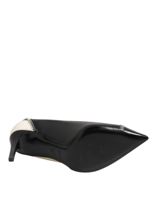 Weißes Schwarzes Leder Spitz zulaufende Absätze Schuhe