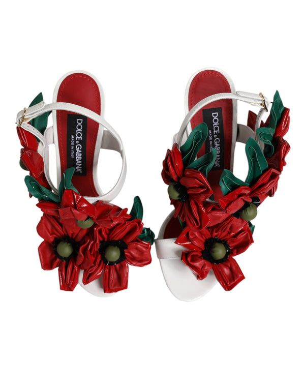 Weiße Leder Sandalen mit Blumenverzierung Schuhe