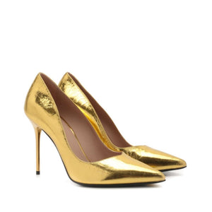 Goldene Kalbshaut-Pumps mit hohem Absatz