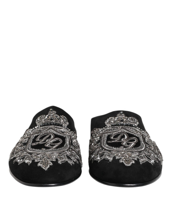 Schwarzer Samt Slides DG Crown Slipper Schuhe