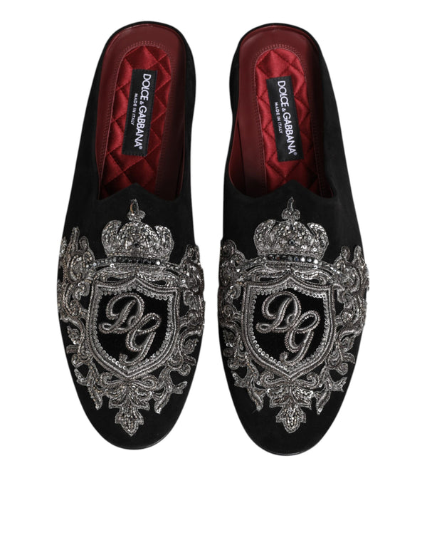 Schwarzer Samt Slides DG Crown Slipper Schuhe