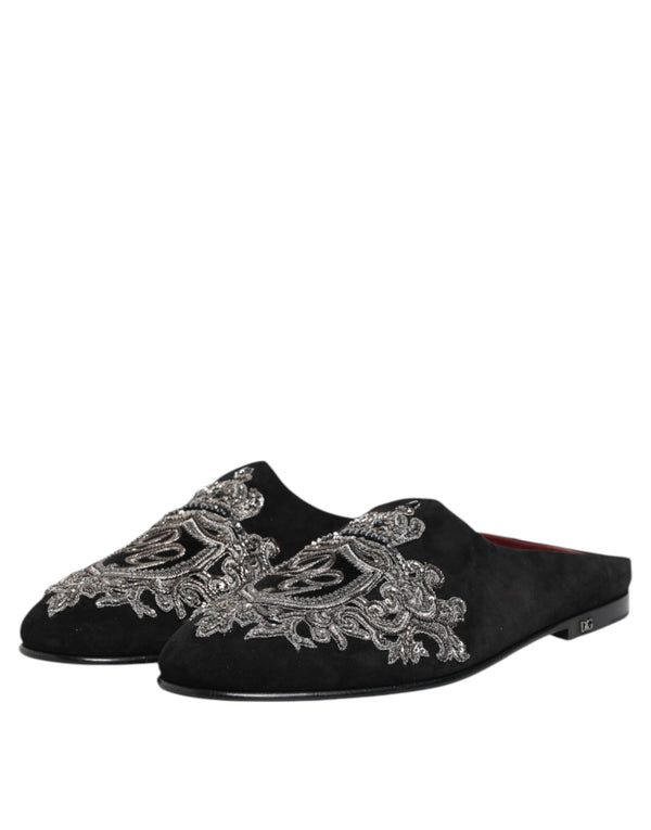 Schwarzer Samt Slides DG Crown Slipper Schuhe