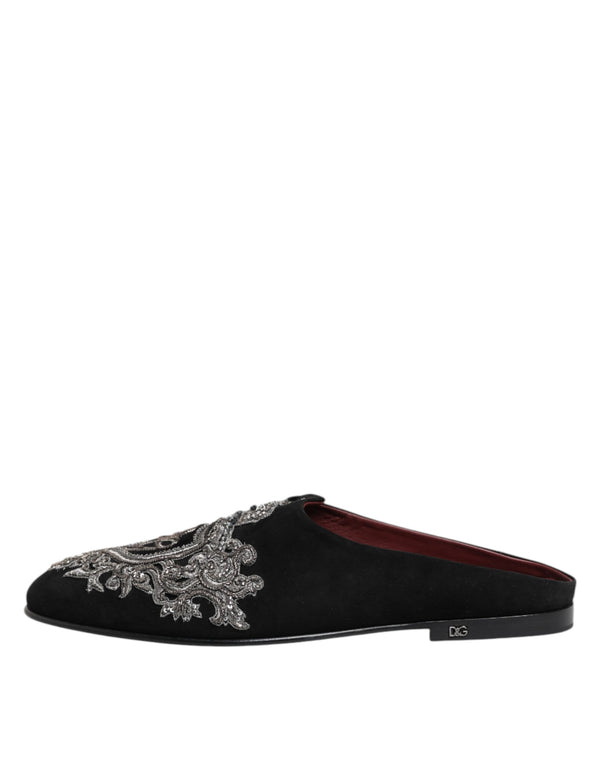 Schwarzer Samt Slides DG Crown Slipper Schuhe