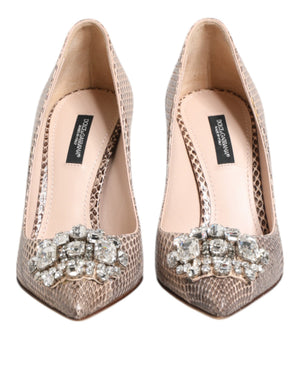 Beige Leder Kristall verschönert Pumps Schuhe