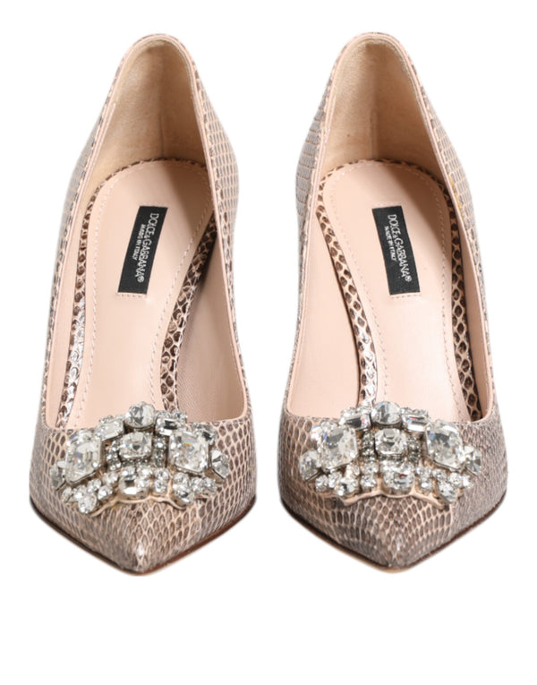 Beige Leder Kristall verschönert Pumps Schuhe