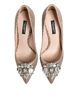 Beige Leder Kristall verschönert Pumps Schuhe