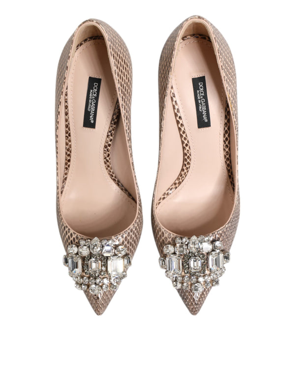 Beige Leder Kristall verschönert Pumps Schuhe