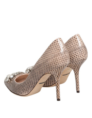 Beige Leder Kristall verschönert Pumps Schuhe