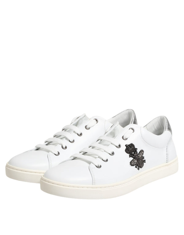 Weiß Crown Bee Leder Low Top Turnschuhe Schuhe