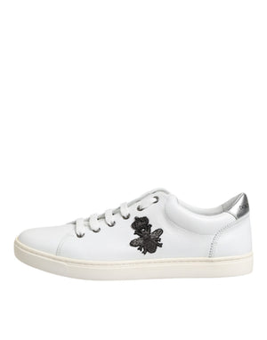 Weiß Crown Bee Leder Low Top Turnschuhe Schuhe