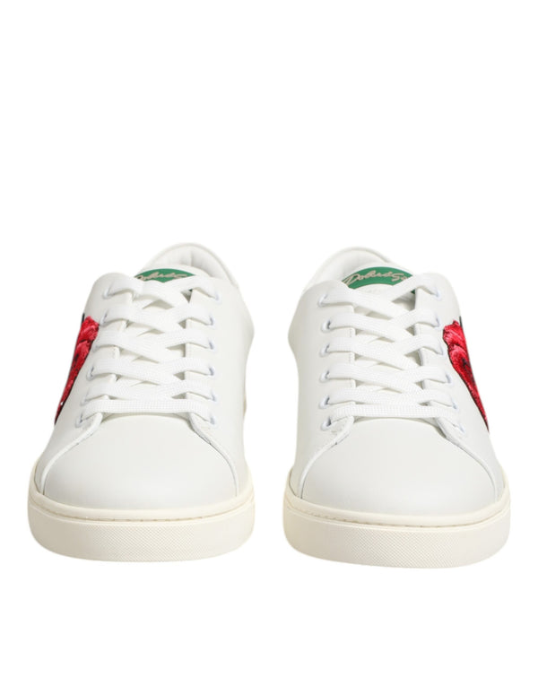 Weißes Leder mit Rosenstickerei Low-Top Schuhe