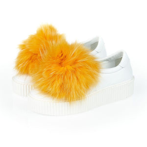 Weiße Textil-Sneaker für Damen mit echtem Pelz-Bommel