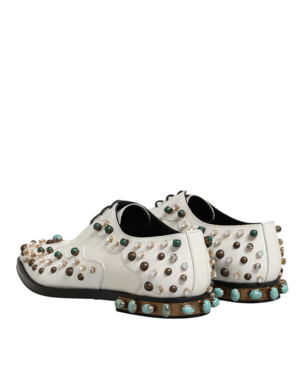 Weiße, mit Kristallen verzierte Derby-Schuhe aus Leder