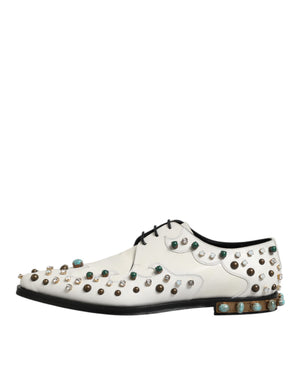 Weiße, mit Kristallen verzierte Derby-Schuhe aus Leder