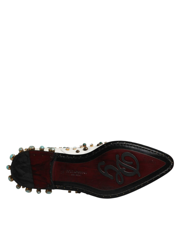 Weiße, mit Kristallen verzierte Derby-Schuhe aus Leder
