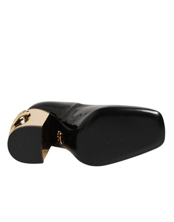 Schwarze Goldfarbene Lackleder-Logo-Pumps