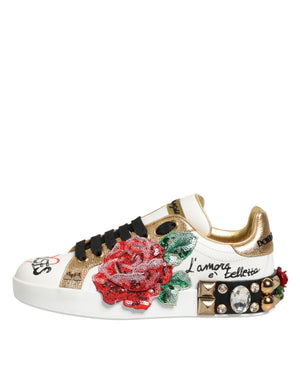 Weiße Leder-Sneaker mit Blumen-Applikationen und Nieten