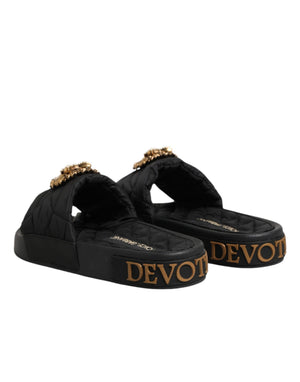 Schwarze Devotion Matelassé Leder-Pantoletten