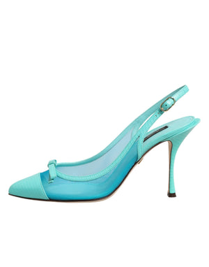 Hellblaue Leder-Mesh-Slingback-Pumps