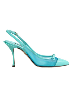 Hellblaue Leder-Mesh-Slingback-Pumps
