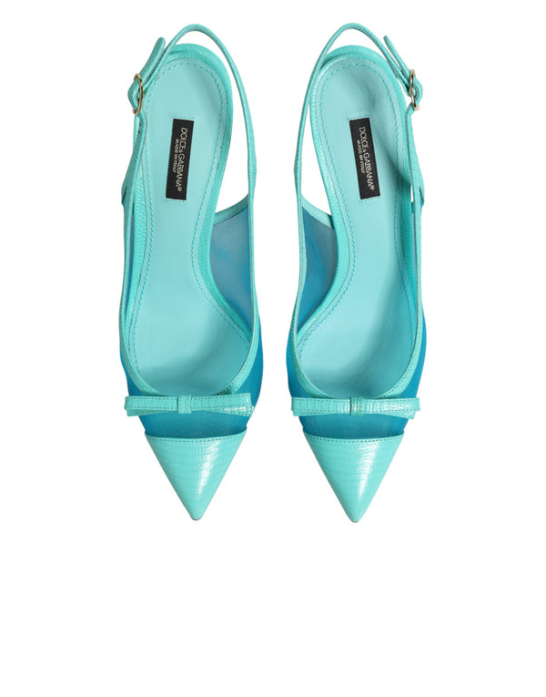 Hellblaue Leder-Mesh-Slingback-Pumps