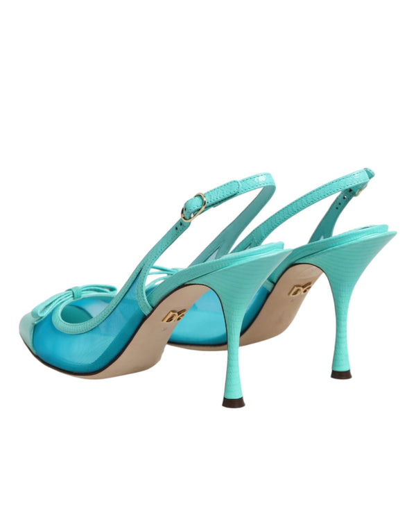 Hellblaue Leder-Mesh-Slingback-Pumps