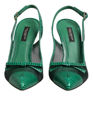 Grüne Leder-Mesh-Slingback-Pumps
