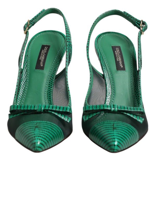 Grüne Leder-Mesh-Slingback-Pumps