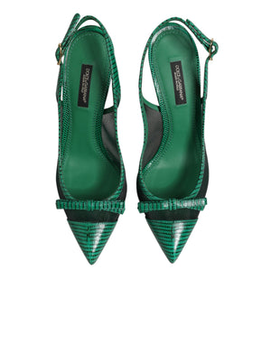 Grüne Leder-Mesh-Slingback-Pumps