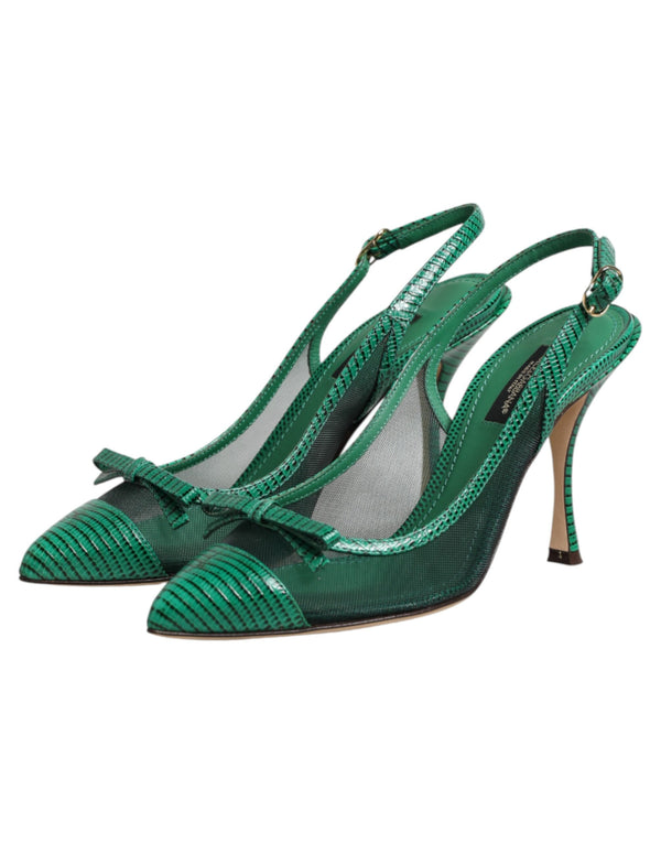 Grüne Leder-Mesh-Slingback-Pumps