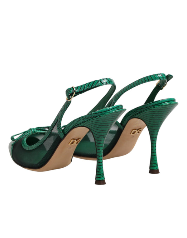 Grüne Leder-Mesh-Slingback-Pumps