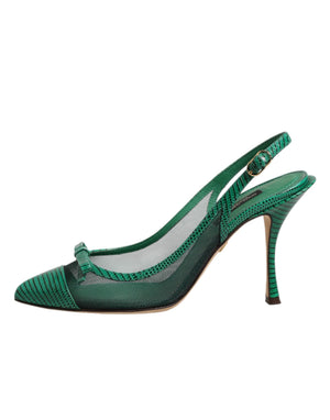 Grüne Leder-Mesh-Slingback-Pumps