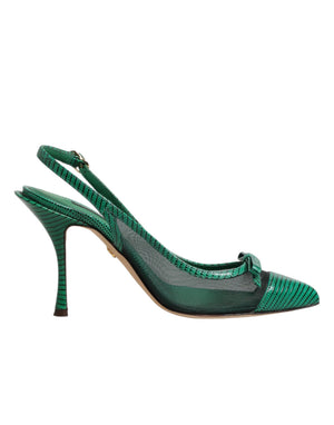 Grüne Leder-Mesh-Slingback-Pumps