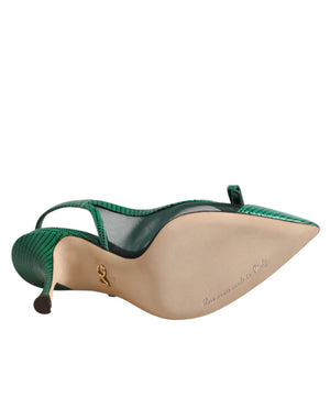 Grüne Leder-Mesh-Slingback-Pumps