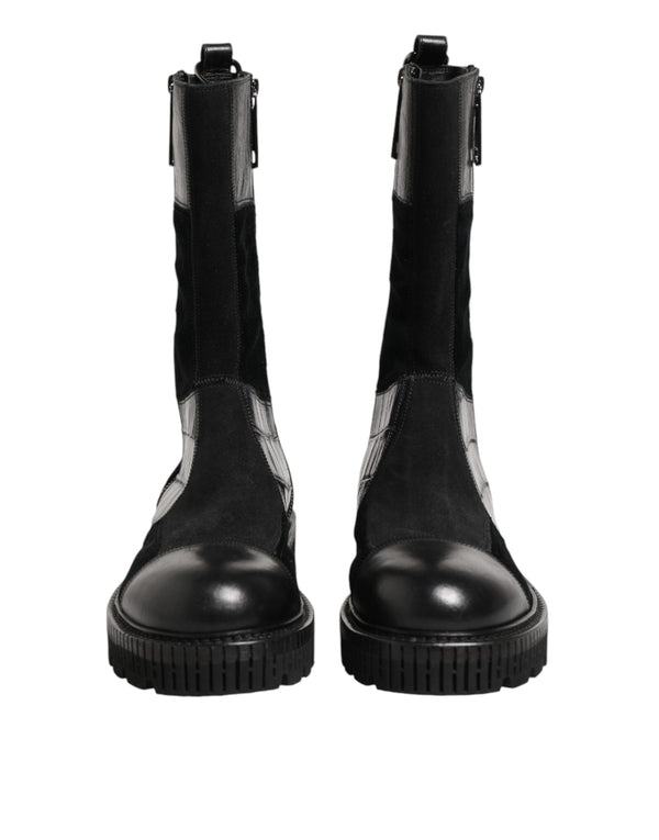 Schwarzer Patchwork-Leder-Halbstiefel