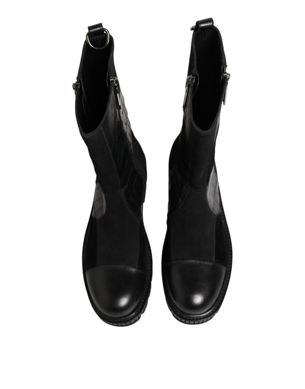 Schwarzer Patchwork-Leder-Halbstiefel