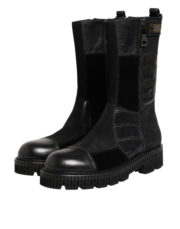 Schwarzer Patchwork-Leder-Halbstiefel