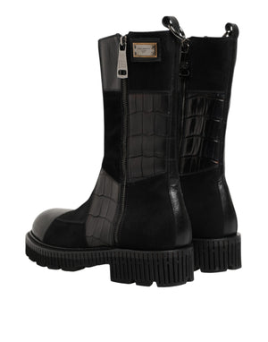 Schwarzer Patchwork-Leder-Halbstiefel